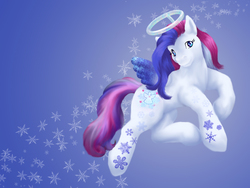 Size: 1024x768 | Tagged: safe, artist:clemikou, snow'el ii, pegasus, pony, g3, blue background, fake halo, female, flying, looking at you, mare, simple background, snow, snowflake, solo, sparkly wings, turned head, wings