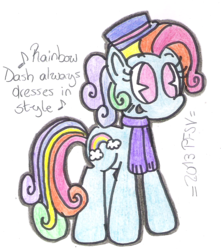 Size: 824x933 | Tagged: safe, artist:porfavorsuvida, rainbow dash (g3), g3, g3.5, female, rainbow dash always dresses in style, solo, song reference, text, traditional art