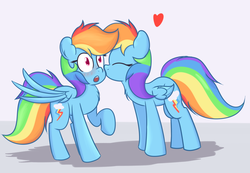 Size: 1280x887 | Tagged: safe, artist:mr-degration, rainbow dash, pegasus, pony, g4, blushing, female, heart, kissing, mare, narcissism, not sure if want, open mouth, raised hoof, self ponidox, selfcest, ship:dashdash, shipping