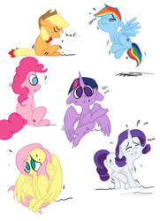 Size: 2480x3425 | Tagged: safe, artist:theponybox696, color edit, edit, applejack, fluttershy, pinkie pie, rainbow dash, rarity, twilight sparkle, alicorn, pony, comic:the cutie pee, g4, the cutie map, colored, covering crotch, desperation, equal cutie mark, high res, hooves between legs, mane six, need to pee, omorashi, potty dance, potty emergency, potty time, trotting in place, twilight sparkle (alicorn)