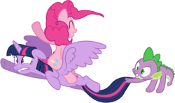 Size: 10000x5900 | Tagged: safe, artist:mpnoir, pinkie pie, spike, twilight sparkle, alicorn, pony, amending fences, g4, absurd resolution, female, flying, lip bite, male, mare, pinkie pie riding twilight, ponies riding ponies, riding, simple background, tail, tail pull, transparent background, twilight sparkle (alicorn), vector