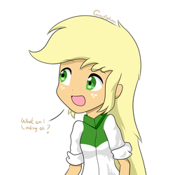 Size: 2000x2000 | Tagged: safe, artist:graytyphoon, applejack, equestria girls, g4, anime, blonde, cute, dialogue, female, happy, hatless, high res, jackabetes, missing accessory, open mouth, simple background, smiling, solo, style emulation, white background, who's a silly human
