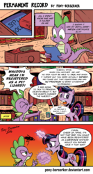 Size: 900x1674 | Tagged: safe, artist:pony-berserker, spike, twilight sparkle, dragon, pony, unicorn, g4, angry, birth certificate, book, certificate, comic, eye contact, eyes closed, female, folder, frown, glare, levitation, library, magic, male, mare, nervous, open mouth, pet, smiling, speech bubble, telekinesis, tongue out, unamused, yelling
