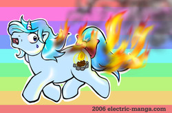 Size: 500x327 | Tagged: safe, artist:atomicfireball, oc, oc only, pony, unicorn, g1, burning, butt fire, fire, on fire, solo, tail bow