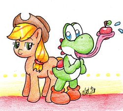 Size: 1261x1140 | Tagged: safe, artist:babyabbiestar, applejack, earth pony, pony, yoshi, g4, apple, crossover, female, food, long tongue, mare, super mario bros., tongue out, traditional art