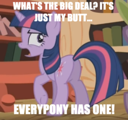 Size: 748x702 | Tagged: safe, edit, edited screencap, screencap, twilight sparkle, g4, annoyed, butt, dialogue, disgusted, image macro, looking back, meme, plot, unamused