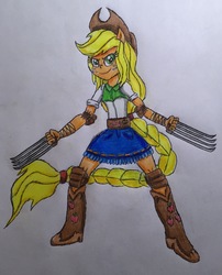 Size: 1984x2459 | Tagged: safe, artist:bozzerkazooers, applejack, equestria girls, g4, boots, clothes, cowboy hat, denim skirt, female, hat, ponied up, shuko hand claws, skirt, solo, stetson, traditional art, weapon