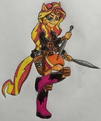 Size: 2001x2400 | Tagged: safe, artist:bozzerkazooers, sunset shimmer, equestria girls, g4, female, high res, kunai, ponied up, solo, traditional art, weapon