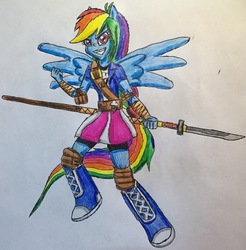 Size: 2081x2119 | Tagged: safe, artist:bozzerkazooers, rainbow dash, equestria girls, g4, boots, clothes, compression shorts, female, high res, naginata, ponied up, shorts, skirt, solo, traditional art, weapon