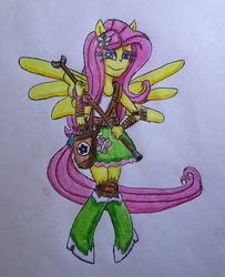 Size: 2112x2597 | Tagged: safe, artist:bozzerkazooers, fluttershy, equestria girls, g4, blowgun, boots, clothes, darts, faic, female, high res, ponied up, skirt, solo, traditional art, weapon