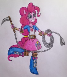 Size: 2135x2462 | Tagged: safe, artist:bozzerkazooers, pinkie pie, equestria girls, g4, boots, clothes, female, high res, kusarigama, ponied up, skirt, solo, traditional art, weapon