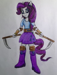 Size: 1862x2450 | Tagged: safe, artist:bozzerkazooers, rarity, equestria girls, g4, boots, clothes, dual wield, female, kama, ponied up, skirt, solo, traditional art, weapon