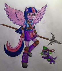 Size: 2183x2520 | Tagged: safe, artist:bozzerkazooers, spike, twilight sparkle, dog, equestria girls, g4, clothes, headband, high res, leg warmers, pleated skirt, ponied up, shoes, skirt, spear, spike the dog, traditional art, weapon