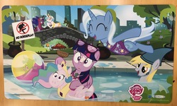 Size: 1600x962 | Tagged: safe, artist:pixelkitties, enterplay, derpy hooves, gummy, orange frog, princess celestia, princess luna, trixie, twilight sparkle, alicorn, pony, g4, ball, beach ball, clothes, cocktail umbrella, eyes closed, floaty, frown, hoof hold, inflatable, inner tube, jumping, merchandise, one-piece swimsuit, open mouth, playmat, smiling, sunburn, sunglasses, suntan lotion, swimming pool, swimsuit, twilight sparkle (alicorn), unamused, wide eyes