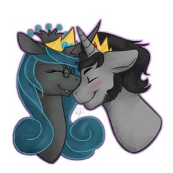 Size: 1500x1500 | Tagged: safe, artist:ryuokowolf, king sombra, queen chrysalis, g4, blushing, crown, eyes closed, female, glasses, good king sombra, jewelry, male, mirror universe, nuzzling, regalia, reversalis, ship:chrysombra, shipping, simple background, smiling, straight, transparent background