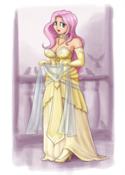 Size: 919x1280 | Tagged: safe, artist:king-kakapo, fluttershy, bird, human, g4, big breasts, breasts, busty fluttershy, choker, cleavage, clothes, corset, dress, ear piercing, earring, evening gloves, female, frilly dress, gloves, gown, high heels, humanized, jewelry, multiple variants, necklace, piercing, princess costume, ribbon, scarf, skirt, stockings
