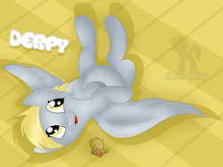 Size: 2000x1500 | Tagged: safe, derpy hooves, pegasus, pony, g4, female, food, happy, mare, muffin, smiling, upside down