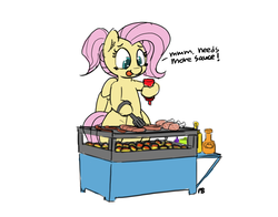 Size: 1280x1004 | Tagged: safe, artist:pabbley, fluttershy, pegasus, pony, g4, 30 minute art challenge, alternate hairstyle, bipedal, cooking, female, food, grill, meat, out of character, ponies eating meat, ponytail, simple background, solo, tongue out, white background