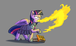 Size: 1280x772 | Tagged: safe, artist:pabbley, twilight sparkle, alicorn, pony, g4, 30 minute art challenge, armor, book, female, firebreathing, simple background, solo, twilight sparkle (alicorn)