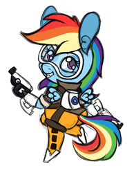 Size: 930x1200 | Tagged: safe, artist:ramott, rainbow dash, pegasus, semi-anthro, g4, chibi, crossover, female, overwatch, rainbow tracer, simple background, solo, tracer, white background