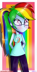 Size: 1000x1903 | Tagged: safe, artist:vixelzf, rainbow dash, human, equestria girls, g4, alternate hairstyle, blushing, clothes, cute, dashabetes, embarrassed, female, glasses, hands behind back, meganekko, pants, ponytail, solo
