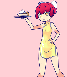 Size: 1300x1500 | Tagged: safe, artist:drantyno, apple bloom, human, g4, adorabloom, armpits, cheongsam, clothes, cute, dress, female, food, humanized, pie, plate, simple background, solo, sweet dreams fuel, waiter