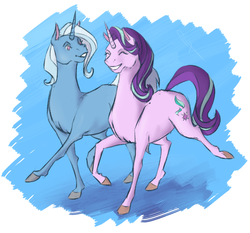 Size: 1500x1400 | Tagged: safe, artist:hengebellika, starlight glimmer, trixie, pony, unicorn, g4, cute, diatrixes, female, glimmerbetes, happy, hoers, mare, prancing, sketch, smiling