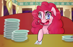 Size: 1100x713 | Tagged: safe, artist:pinkiesheen, pinkie pie, g4, the saddle row review, bill, diner, dishes, female, scene interpretation, solo