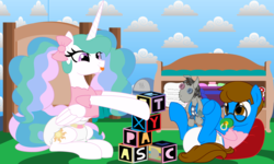 Size: 10000x6000 | Tagged: safe, artist:evilfrenzy, princess celestia, smarty pants, oc, oc:blaine, g4, absurd resolution, adult foal, blocks, changing table, cute, cutelestia, diaper, diaper fetish, diapered, female, innocent, mare, non-baby in diaper, nursery, pacifier, poofy diaper