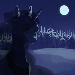 Size: 4000x4000 | Tagged: safe, artist:aphphphphp, princess luna, g4, female, forest, moon, night, solo