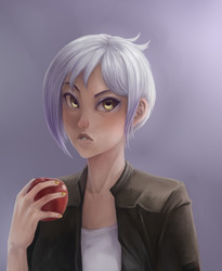 Size: 1280x1558 | Tagged: safe, artist:aphphphphp, gilda, human, g4, apple, female, food, humanized, solo