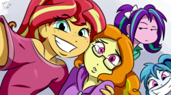 Size: 1866x1036 | Tagged: safe, artist:ponut_joe, adagio dazzle, aria blaze, sonata dusk, sunset shimmer, equestria girls, g4, adoragio, clothes, cute, female, freckles, glasses, grin, jacket, looking at you, nerddagio, peppered bacon, raised eyebrow, selfie, shimmerbetes, shirt, smiling, sonatabetes, the dazzlings, younger