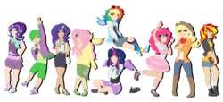 Size: 3500x1600 | Tagged: safe, artist:monnarcha, applejack, fluttershy, pinkie pie, rainbow dash, rarity, sci-twi, spike, starlight glimmer, sunset shimmer, twilight sparkle, human, g4, alternate mane seven, book, candy, clothes, converse, crossed arms, floating wings, food, hair over one eye, horn, horned humanization, humanized, lollipop, mane seven, mane six, one eye closed, rainbow socks, shoes, simple background, sitting, smiling, socks, striped socks, sweater, sweatershy, transparent background, twilight sparkle (alicorn), winged humanization, wink