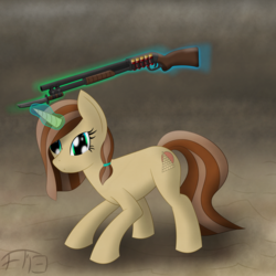 Size: 4000x3993 | Tagged: safe, artist:deathaura40s, oc, oc only, oc:desert haze, bayonet, gun, magic, shotgun, solo, weapon