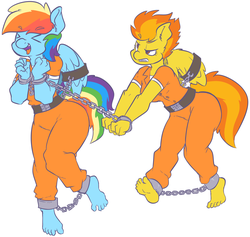 Size: 2669x2533 | Tagged: safe, artist:sweethd, rainbow dash, spitfire, anthro, plantigrade anthro, g4, barefoot, bound wings, chains, clothes, cuffs, duo, feet, high res, prison outfit, prisoner, prisoner rd, shackles, shirt, simple background, unamused, undershirt, white background