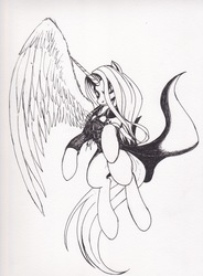 Size: 1691x2296 | Tagged: safe, artist:scribblepwn3, alicorn, pony, crossover, monochrome, one winged alicorn, pen drawing, sephiroth, solo, traditional art, wip