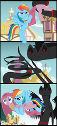 Size: 1476x3230 | Tagged: safe, artist:culu-bluebeaver, pinkie pie, rainbow dash, oc, oc:plague, earth pony, pegasus, pony, comic:the six-winged serpent, g4, comic, female, mare, oc villain, pinkamena diane pie, ponyville, red and black oc, show accurate