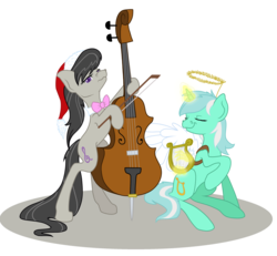 Size: 2502x2315 | Tagged: safe, artist:shiny-pebble, lyra heartstrings, octavia melody, earth pony, pony, unicorn, g4, bow (instrument), cello, christmas, duo, duo female, fake wings, female, halo, hand, hat, holiday, lyre, magic, magic hands, mare, musical instrument, santa hat, simple background, transparent background