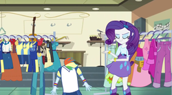 Size: 1077x595 | Tagged: safe, screencap, rainbow dash, rarity, equestria girls, g4, my little pony equestria girls: friendship games, boots, clothes, female, great moments in animation, instant cosplay surprise, skirt, wat