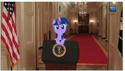 Size: 657x373 | Tagged: safe, edit, twilight sparkle, g4, c:, cute, flag, irl, leaning, looking at you, photo, president, smiling, solo, twiabetes, white house