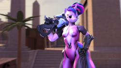 Size: 1920x1080 | Tagged: safe, artist:gbrushandpaint, twilight sparkle, anthro, castle sweet castle, g4, 3d, absolute cleavage, alternate hairstyle, breasts, cleavage, crossover, female, overwatch, parody, punklight sparkle, source filmmaker, twilightmaker, widowmaker