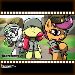 Size: 1600x1600 | Tagged: safe, artist:rainihorn, apple bloom, scootaloo, sweetie belle, g4, commission, cutie mark crusaders, jojo's bizarre adventure, to be continued