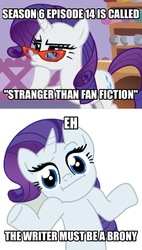 Size: 606x1070 | Tagged: safe, rarity, g4, season 6, stranger than fan fiction, caption, carousel boutique, episode, glasses, image macro, looking at you, meme, shrug, shrugpony, simple background, speculation
