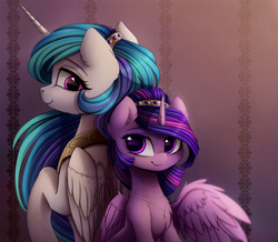 Size: 2571x2245 | Tagged: safe, artist:magnaluna, princess celestia, twilight sparkle, alicorn, pony, g4, alternate hairstyle, cute, cutelestia, duo, eyeshadow, female, gold, hair bun, headband, high res, jewelry, looking at each other, looking back, makeup, mare, necklace, shipping, smiling, twiabetes, twilight sparkle (alicorn)