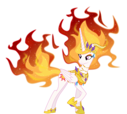 Size: 5000x4474 | Tagged: safe, artist:brisineo, nightmare star, princess celestia, pony, g4, absurd resolution, armor, evil, female, fire, horns, jewelry, looking back, mare, raised hoof, regalia, simple background, solo, sparkling, tcg, transparent background, vector