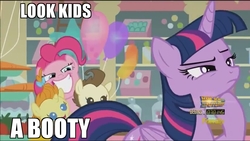 Size: 1080x608 | Tagged: safe, edit, edited screencap, screencap, pinkie pie, pound cake, pumpkin cake, twilight sparkle, alicorn, earth pony, pony, unicorn, g4, the one where pinkie pie knows, back to the future, balloon, booty had me like, caption, discovery family logo, eyes on the prize, female, looking at butt, mare, meme, text, twilight sparkle (alicorn)