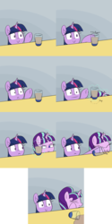 Size: 2560x5120 | Tagged: safe, artist:acersiii, starlight glimmer, twilight sparkle, g4, :<, :>, :|, chocolate, chocolate milk, comic, description is artwork too, everything is ruined, frown, magic, meme, milk, punch, pure unfiltered evil, smiling, smirk, spilled milk, wide eyes