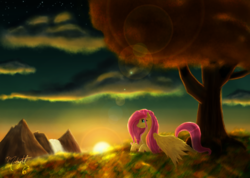 Size: 1500x1070 | Tagged: safe, artist:midnightsix3, fluttershy, g4, female, mountain, scenery, solo, sunset, tree, under the tree