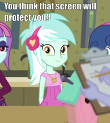 Size: 610x680 | Tagged: safe, edit, edited screencap, screencap, bon bon, lyra heartstrings, sunny flare, sweetie drops, acadeca, equestria girls, g4, my little pony equestria girls: friendship games, bronybait, caption, cropped, fourth wall, humie, image macro, lyra doing lyra things, question, solo focus, text, that pony sure does love humans, the fourth wall cannot save you, yandere