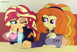 Size: 2104x1432 | Tagged: safe, artist:cbear624, adagio dazzle, sunset shimmer, equestria girls, g4, female, heart, holding hands, lesbian, one eye closed, ship:sunsagio, shipping, smiling, wink